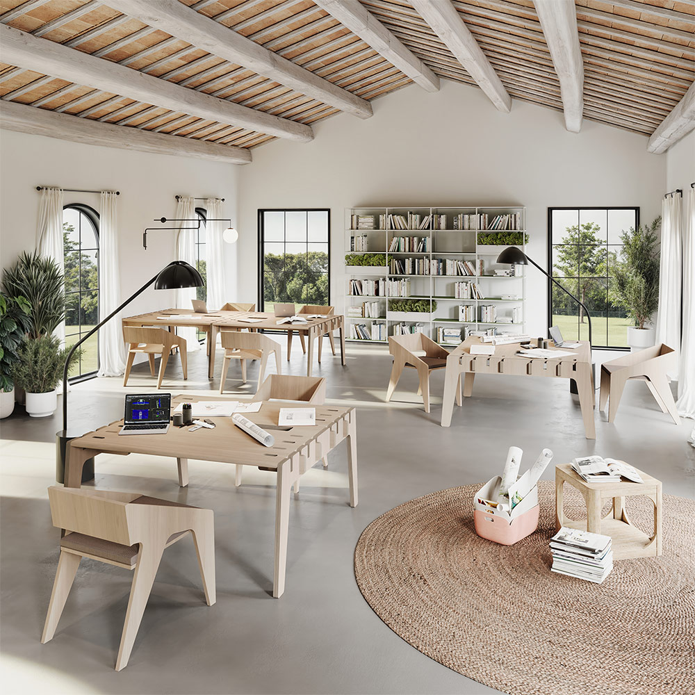 aménagement d'un espace de travail collaboratif ambiance naturelle et contemporaine