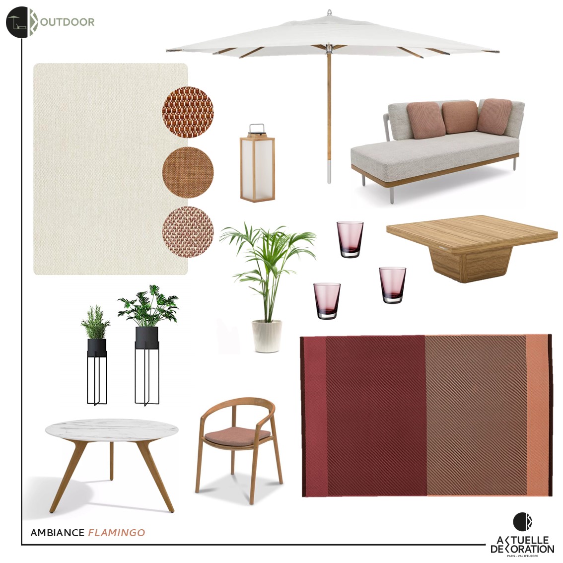 ambiance décorative d'une terrasse avec canapé extérieur et mobilier en teck