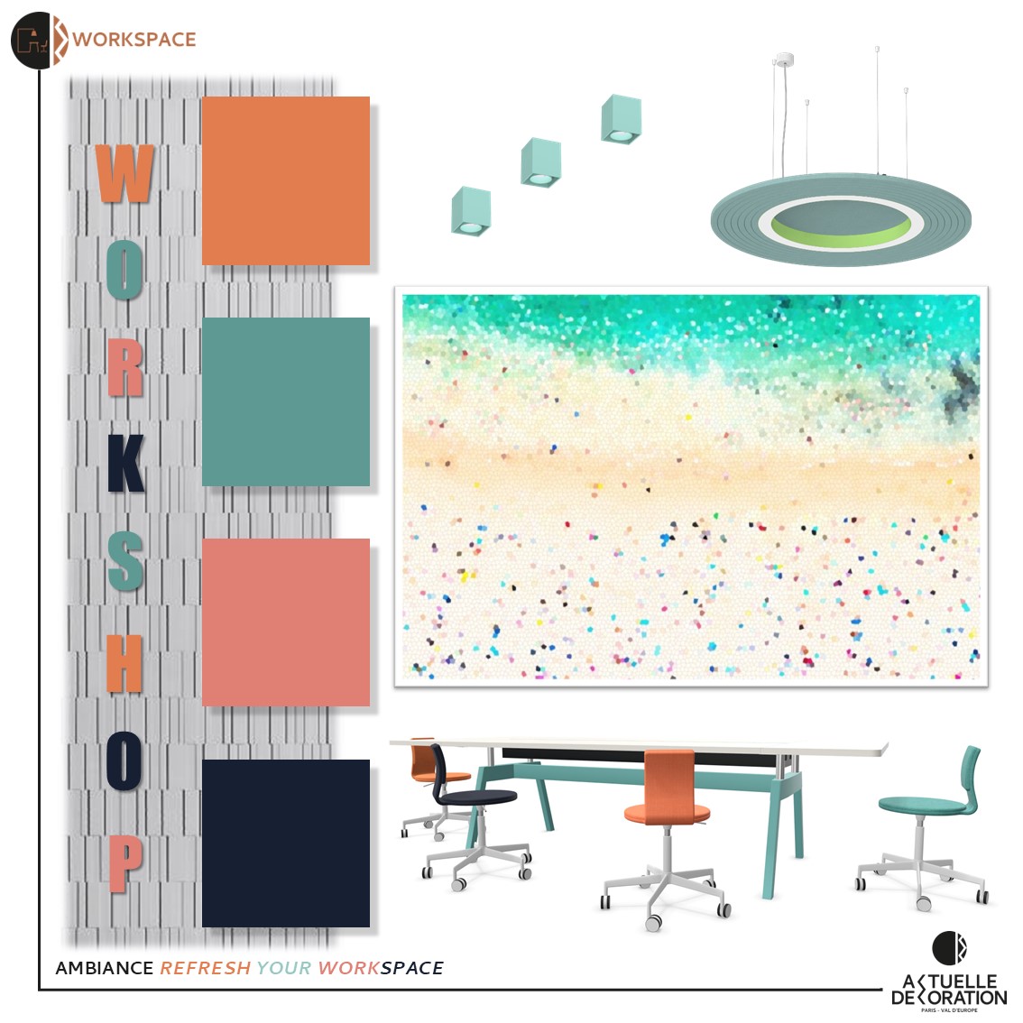 planche d'ambiance d'un espace de travail collaboratif