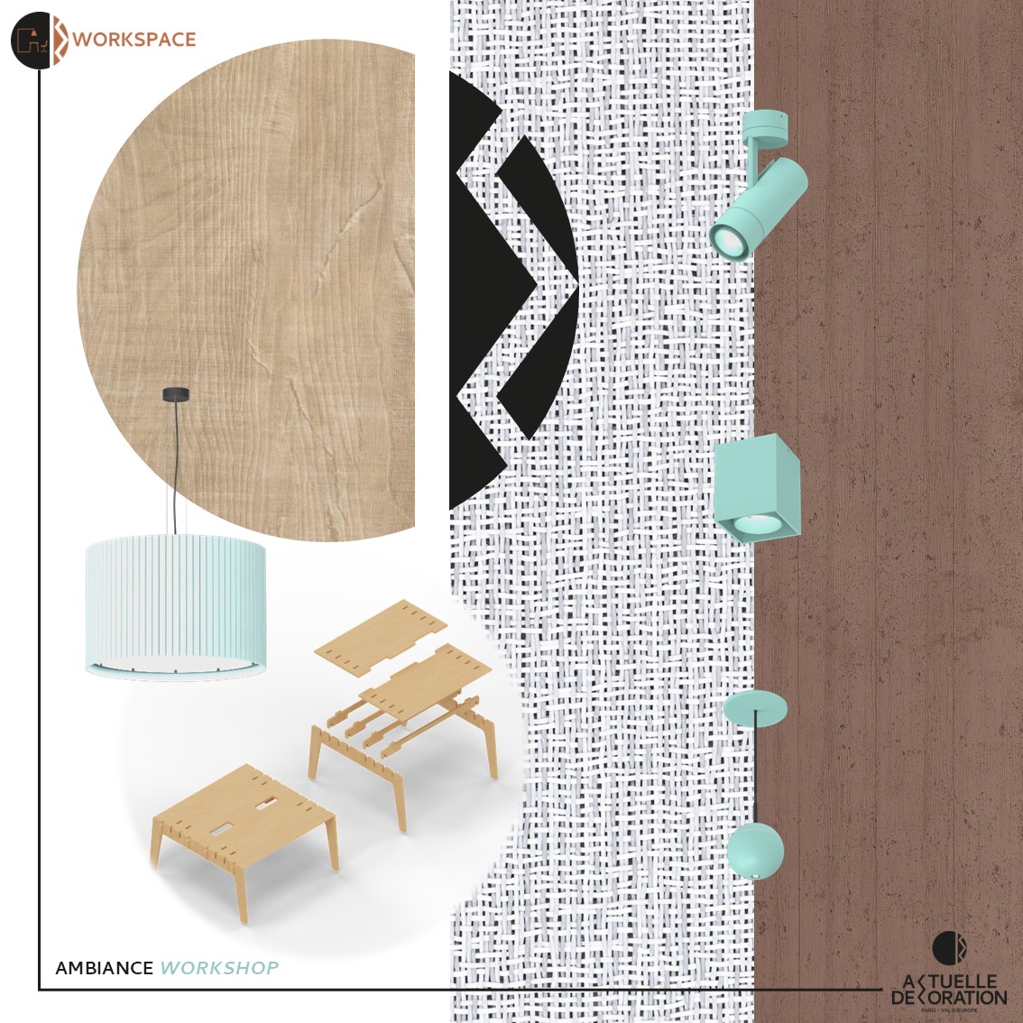 planche d'ambiance et matières pour un espace workshop dans des bureaux d'entreprise